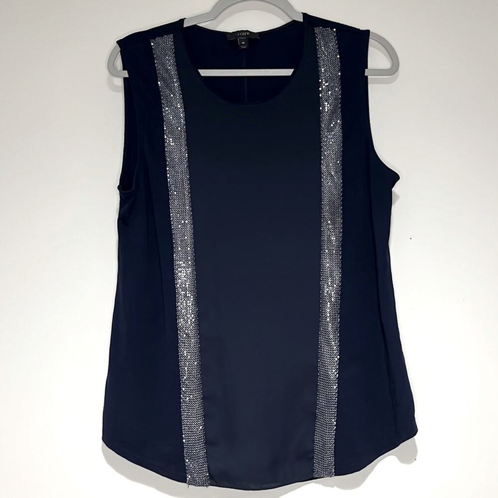 J. Crew Mixed Media w/ Metal Sequin Trim Sleeveless Blouse Size M Navy Cotton